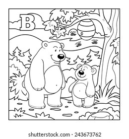 Coloring book (bear), colorless alphabet for children: letter B