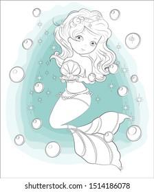 coloring book. beautiful, charming little mermaid princess with gift. The picture in hand drawing style, Happy birthday card.