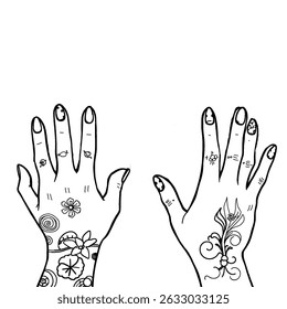 Coloring book Beautiful female hands with nail polish and flower tattoo around it. Vector isolated two hands left and right fingers sketch nail tattoo contour lines black and white colorless easy 