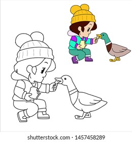 Coloring Book Beautiful Little Girl Wearing A Sweater That Is Feeding Ducks With Bread