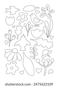 Libro para colorear. Hermosas flores caladas de varios tipos y Formas sobre un fondo blanco. Dibujado a mano. Todos los objetos están separados. Ilustración vectorial.