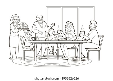 Coloring book, big family drinking tea at a large table near the window.Vector illustration black and white line art