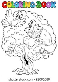 Coloring Book Big Tree With Birds - Vector Illustration.