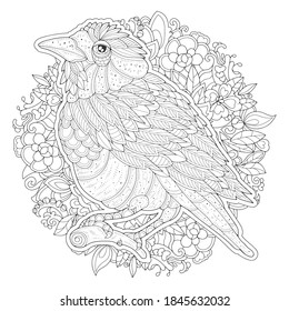 Coloring Book Bird. Cartoon stylized bird among the leaves on a white background. Image for coloring pages.