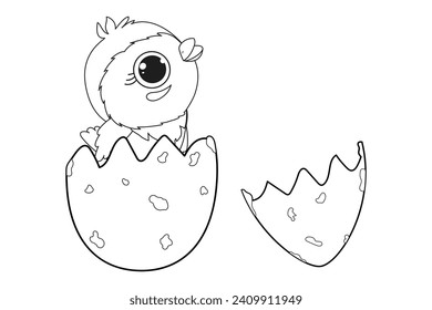 Coloring book, a bird hatched from an egg.. To print. Black and white illustration for coloring. Development of children, education of preschoolers, schoolchildren. task, game. International Bird Day