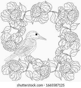 Coloring book with bird, ribbon and flowers.