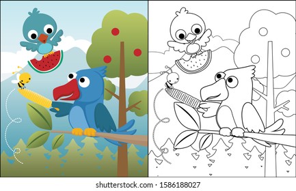 coloring book of birds cartoon carrying watermelon and corn with little bee, cute animals in forest