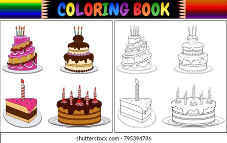 Coloring book birthday cake with candles