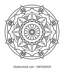 Coloring book black and white circular unique lotus calming mandala, seamless symbol, ethnic yoga design