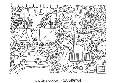 libro de colorear, doodle en blanco y negro, hombre y mujer parados en balcones se envían saludos en forma de corazones en el día de San Valentín, ilustración vectorial