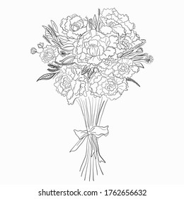 Coloring book black and white flower bouquet. Roses peonies vector hand drawn isolated on white coloring page