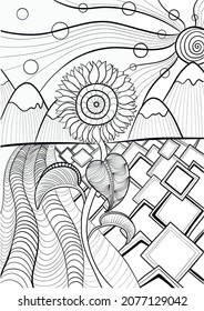 
coloring book black and white with sunflower in a field in doodle style