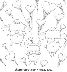 Coloring book black and white three jumping dogs and flying hearts of love