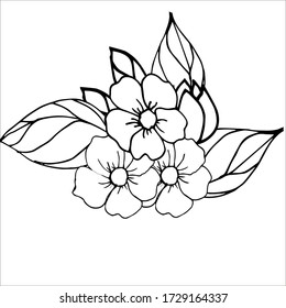 Coloring book black and white vector drawing of a flower and leaves. Illustration of a cherry blossom. Suitable for clipart, postcards, stickers, children's coloring books.
