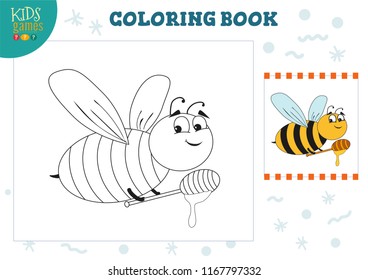 Coloring book, blank page vector illustration. Preschool kids activity with drawing and colouring cartoon bee character. Black and white outline game design for education  