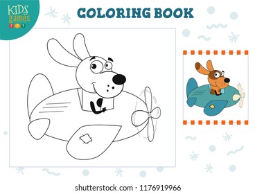 Coloring book, blank page vector illustration. Preschool kids activity with drawing and colouring cartoon dog character. Black and white outline game design for education  