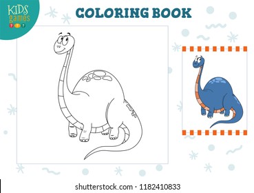 Coloring book, blank page vector illustration. Preschool kids activity with drawing and colouring cartoon dinosaur character. Black and white outline game design for education  