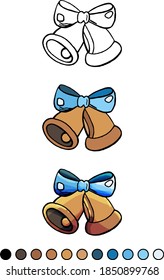 Coloring book, blue bow and bells, tape, campane, cartoon style, doodle, New year,  Christmas, flat style, isolated, education, coloring, for children, childhood, example, paints, develop, drawing