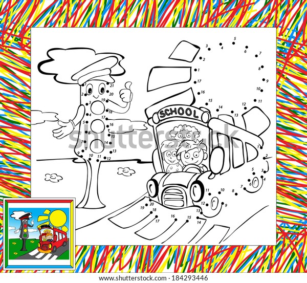 Coloring book with border. Funny bus and traffic\
lights dot to dot