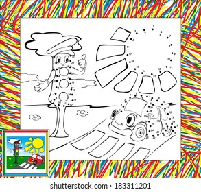 Coloring Book With Border. Funny Car And Traffic Lights Dot To Dot