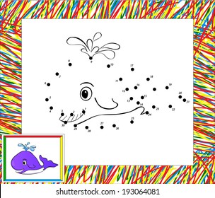 Coloring book with border. Funny cartoon whale dot tot dot