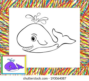 Coloring book with border. Funny cartoon whale