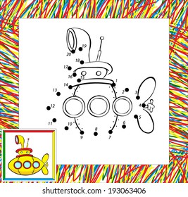 Coloring book with border. Funny yellow submarine dot to dot