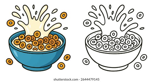 Livro de colorir de uma tigela de cereal com leite salpicante em um vetor branco de fundo ilustração