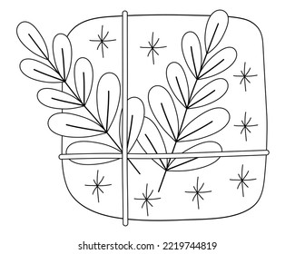 Coloring book, Box with a gift for christmas, new year, birthday. Black and white illustration for coloring. Development of children, education of preschoolers, schoolchildren. Task, game.