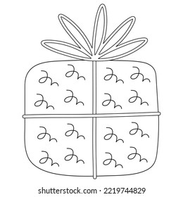Coloring book, Box with a gift for christmas, new year, birthday. Black and white illustration for coloring. Development of children, education of preschoolers, schoolchildren. Task, game.