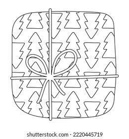 Coloring book, Box with a gift for christmas, new year, birthday. Black and white illustration for coloring. Development of children, education of preschoolers, schoolchildren. Task, game.