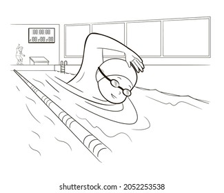 Coloring book boy athlete - swimmer swims in the pool. Vector illustration, black and white line art