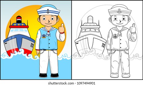 Coloring book of a boy cartoon in sailor uniform with a boat