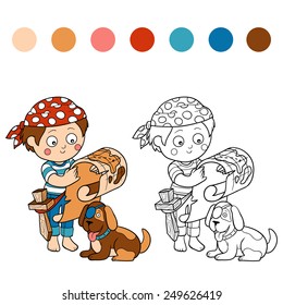 Coloring book (boy and dog playing pirates) 