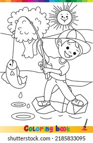 Coloring book. boy fishing. Coloring page