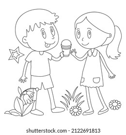 Coloring book boy and girl with ice cream, the boy treats the girl with ice cream, coloring with children and ice cream, children's coloring, coloring with a boy, a girl, flowers and grass