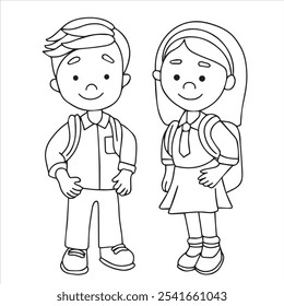Livro de colorir. Garoto e menina com mochilas escolares. Personagem bonito, ilustração Vetor em estilo doodle sobre o tema de volta à escola.