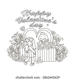 coloring book, boy gives a girl a bouquet of flowers, inscription Happy Valentine's Day, postcard, banner, doodle, vector and