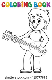 Coloring book boy guitar player theme 1 - eps10 vector illustration.