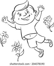 coloring book - boy jumping with flowers