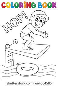Niño del libro de colorear saltando al agua - ilustración del vector eps10.