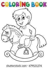Niño de libro de coloreo sobre caballo mecedor - ilustración vector eps10.