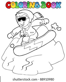 Coloring book boy on snowboard - vector illustration.