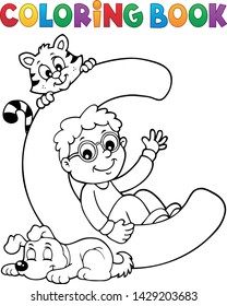 Coloring book boy and pets by letter C - eps10 vector illustration.