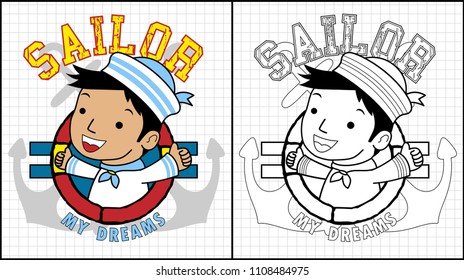 Coloring book of a boy sailor on anchor background