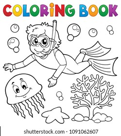 Coloring book boy snorkel diver - eps10 vector illustration.