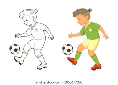 Coloring book, boy soccer player kicks the ball.Vector illustration in cartoon, flat style, line art
