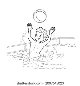 Coloring book: boy swimmer playing ball in the pool of water. Vector illustration in cartoon style, black and white line art for children on the theme of sports