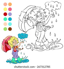 Coloring book boy with umbrella in the rain vector illustration.