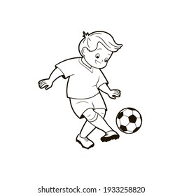 coloring book: a boy in the uniform of a football player kicks the ball across the football field. Vector illustration in cartoon style, black and white line art